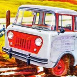 Обложка проспекта Jeep FC-150 авторства американского художника Джеймса Милтона Сешнза, многие годы работавшего по заказу компании